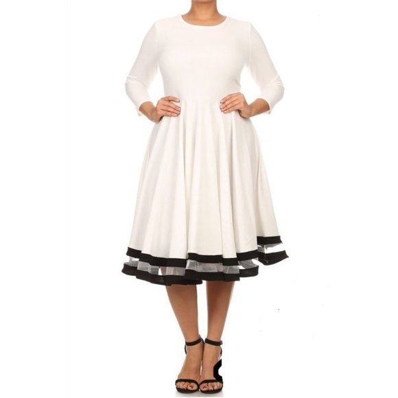 Dresses & Skirts - Plus White Mesh Stripe Fit & Flare Skater Dress